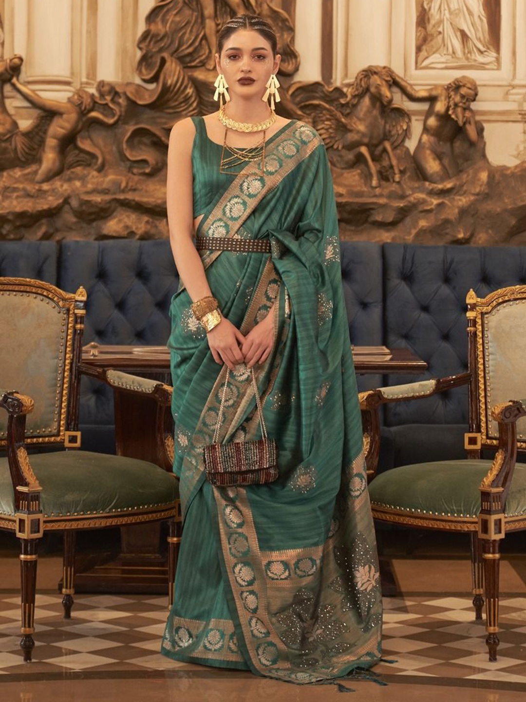 

Anouk Woven Design Zari Silk Blend Banarasi Saree, Teal