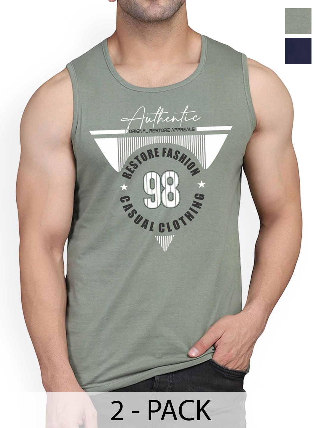 

WOOSTRO Men Pack Of 2 Printed Combed Cotton Gym Vest, Green