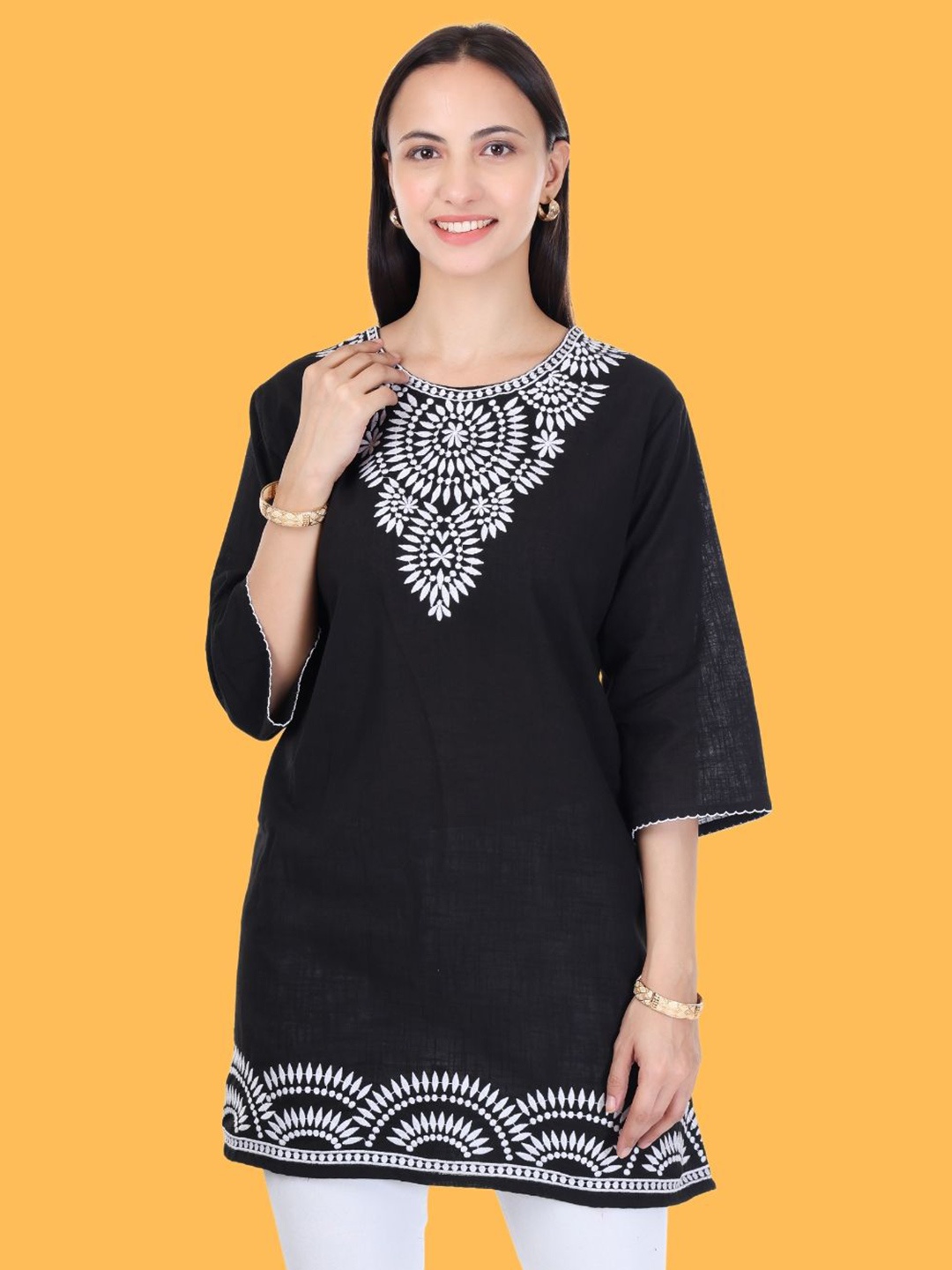 

Moda Rapido Floral Embroidered Flared Sleeves Pure Cotton Kurti, Black