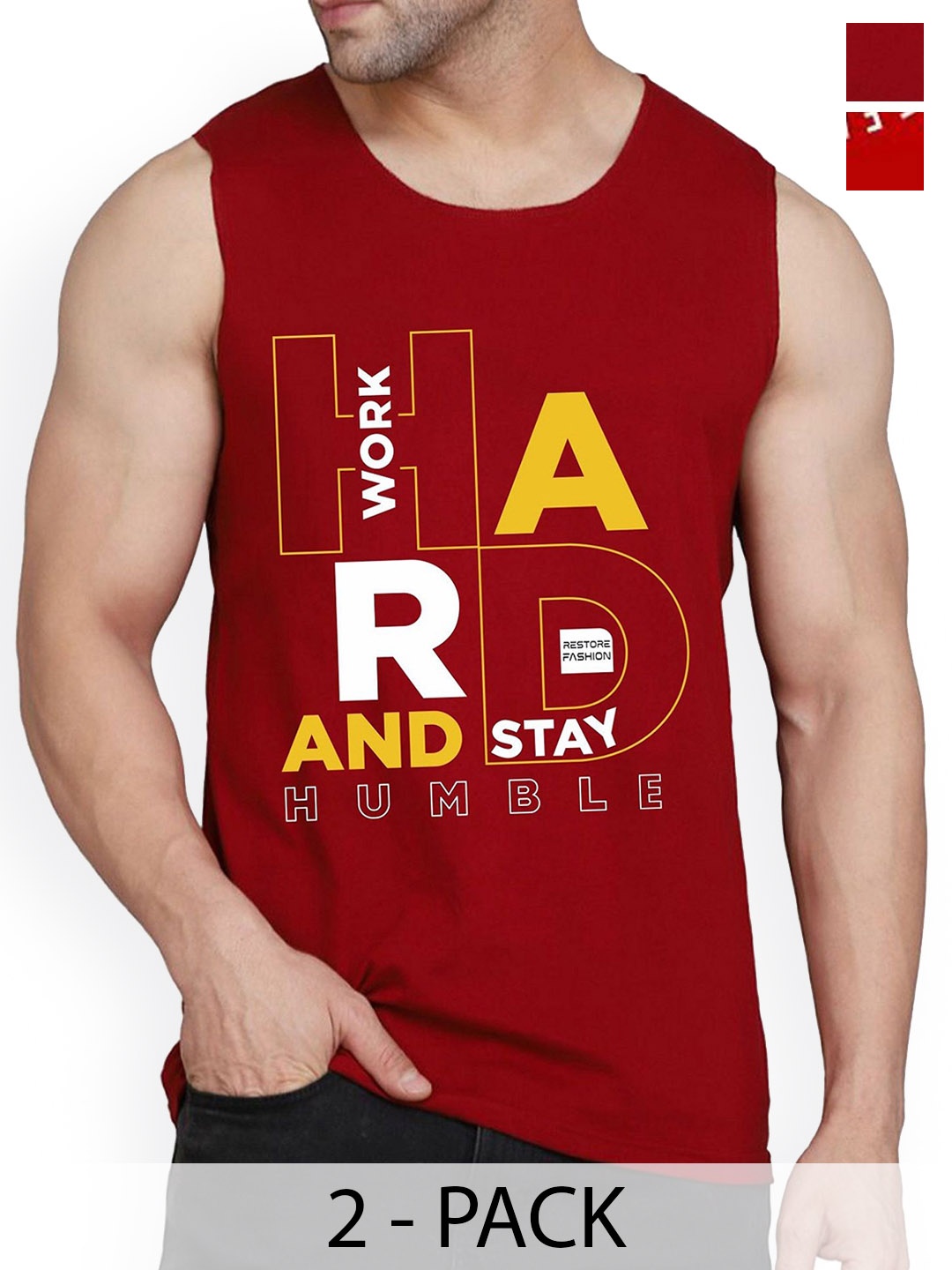 

WOOSTRO Pack Of 2 Printed Combed Cotton Gym Vest RS26 CMB (HARD MAROON) (RUN RED)