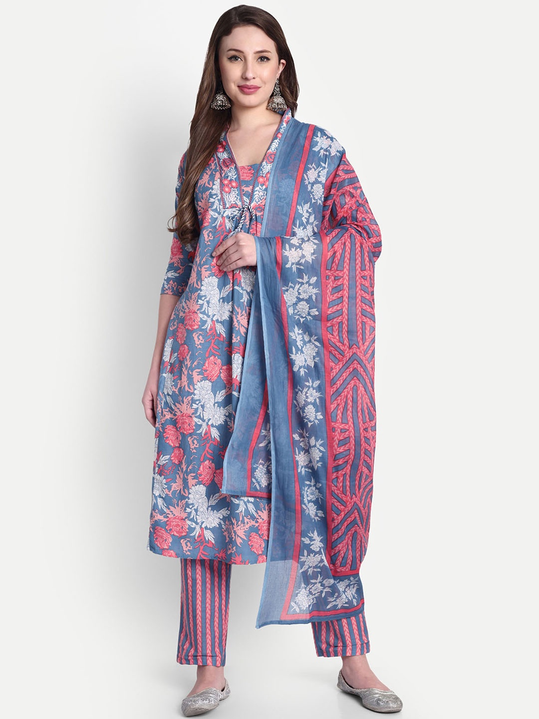 

Hujum Floral Printed V-Neck Pure Cotton A-Line Kurta With Trousers & Dupatta, Blue