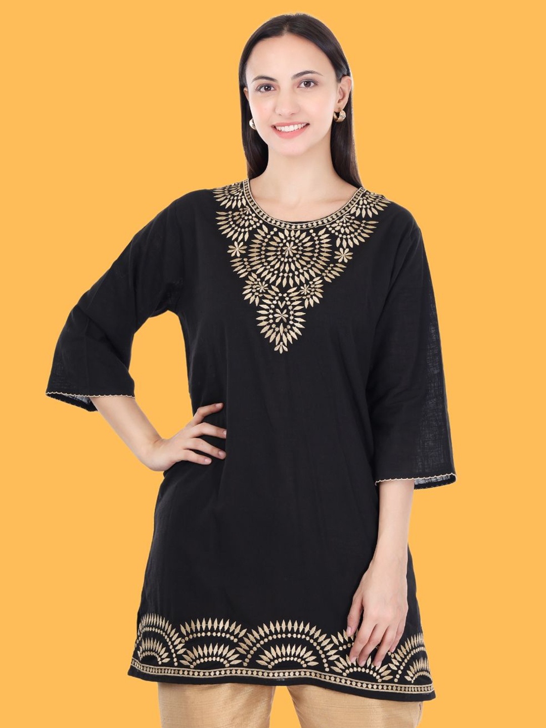 

Moda Rapido Women Floral Embroidered Flared Sleeves Pure Cotton Kurti, Black