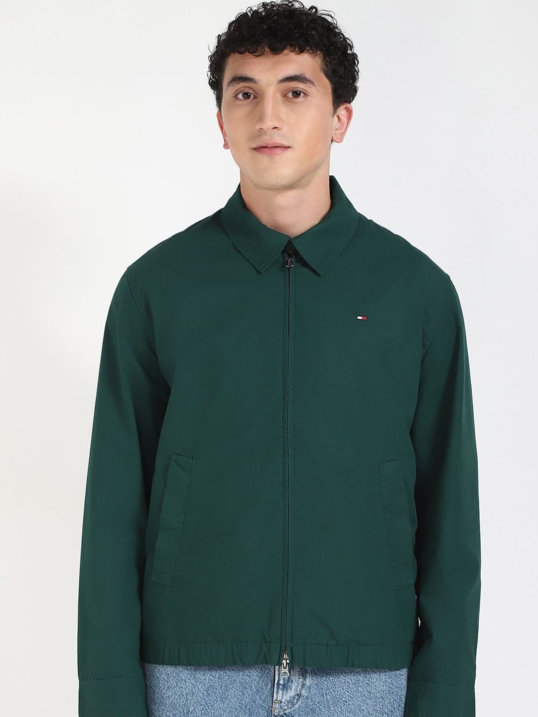 

Tommy Hilfiger Men Spread Collar Solid Cotton Casual Bomber Jacket, Green