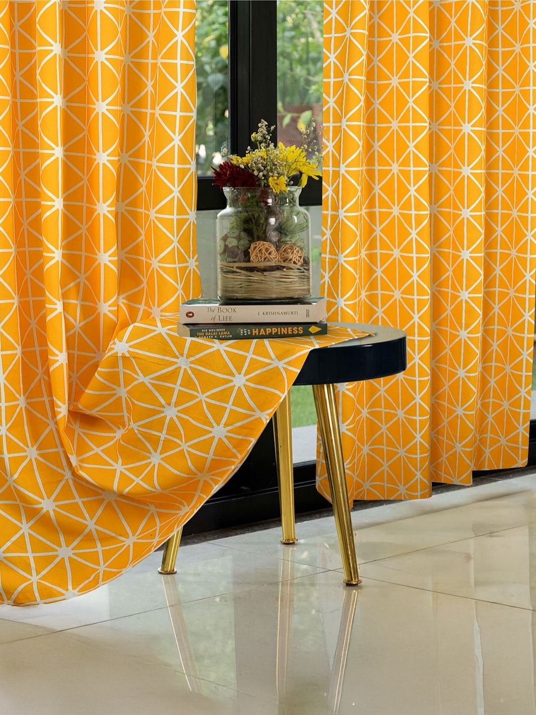 

Aura Mustard & White 2 Pieces Geometric Printed Cotton Window Curtains