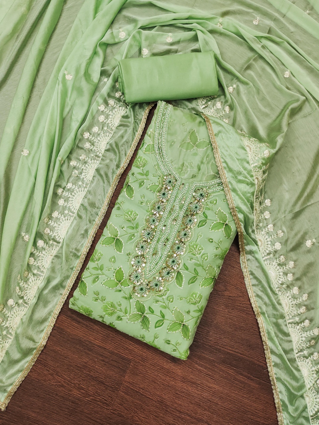 

Blissta Floral Embellished Sequined Work Unstitched Dress Material, Green