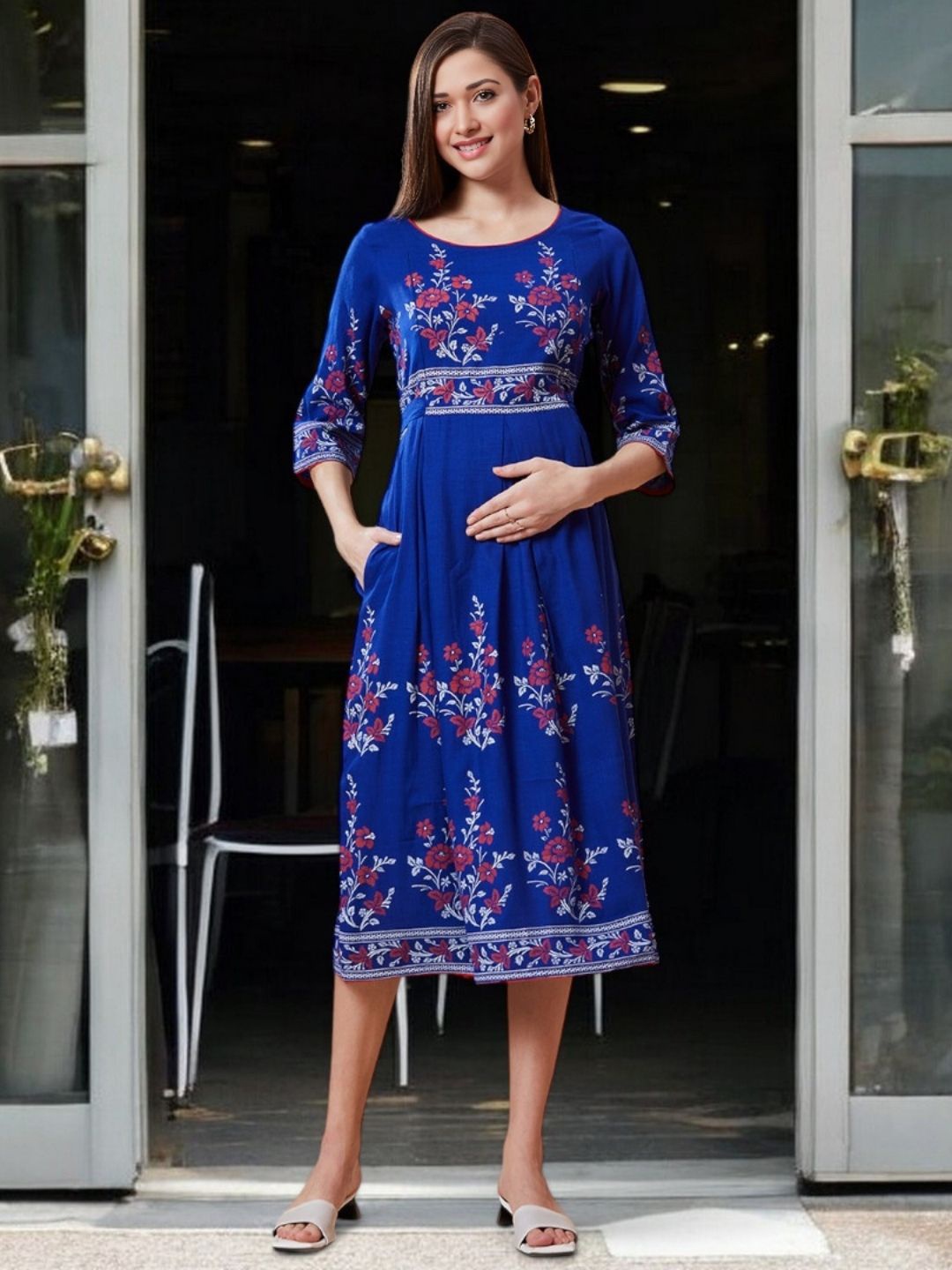 

True Shape Women Printed Floral Maternity Anarkali Kurta, Blue