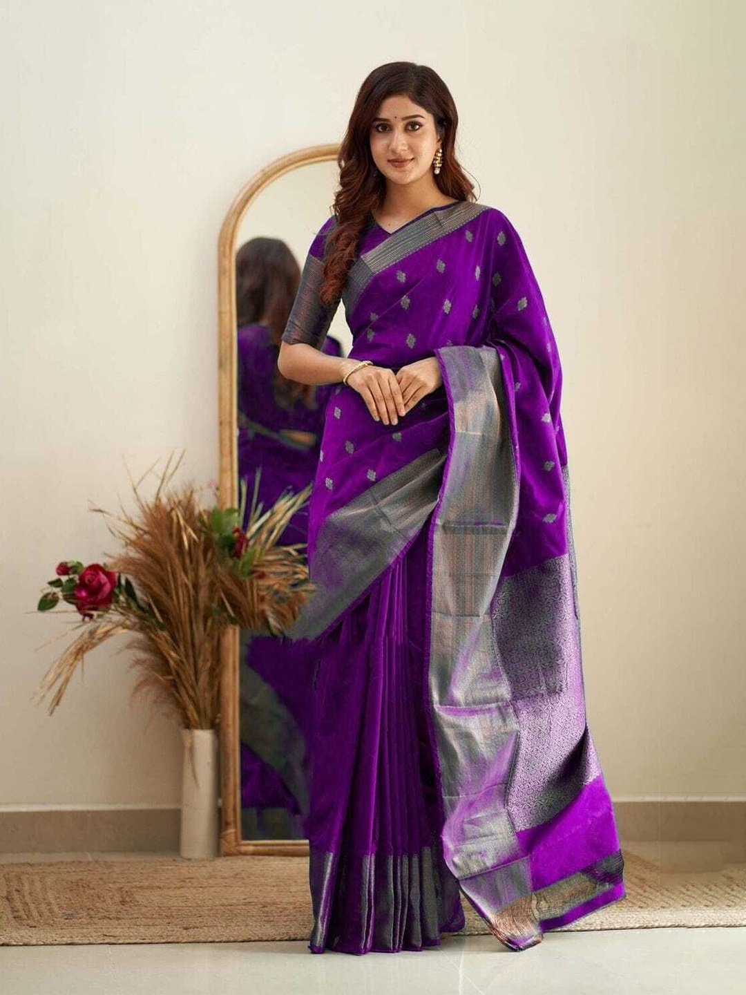 

bansari textiles Woven Design Zari Banarasi Saree, Purple