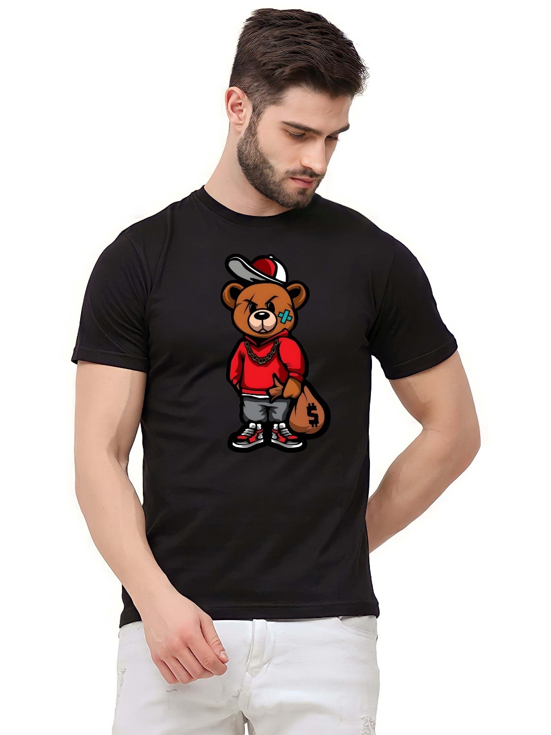 

BOWLIFESTYLE Men Graphic Printed Round Neck Cotton T-shirt, Black