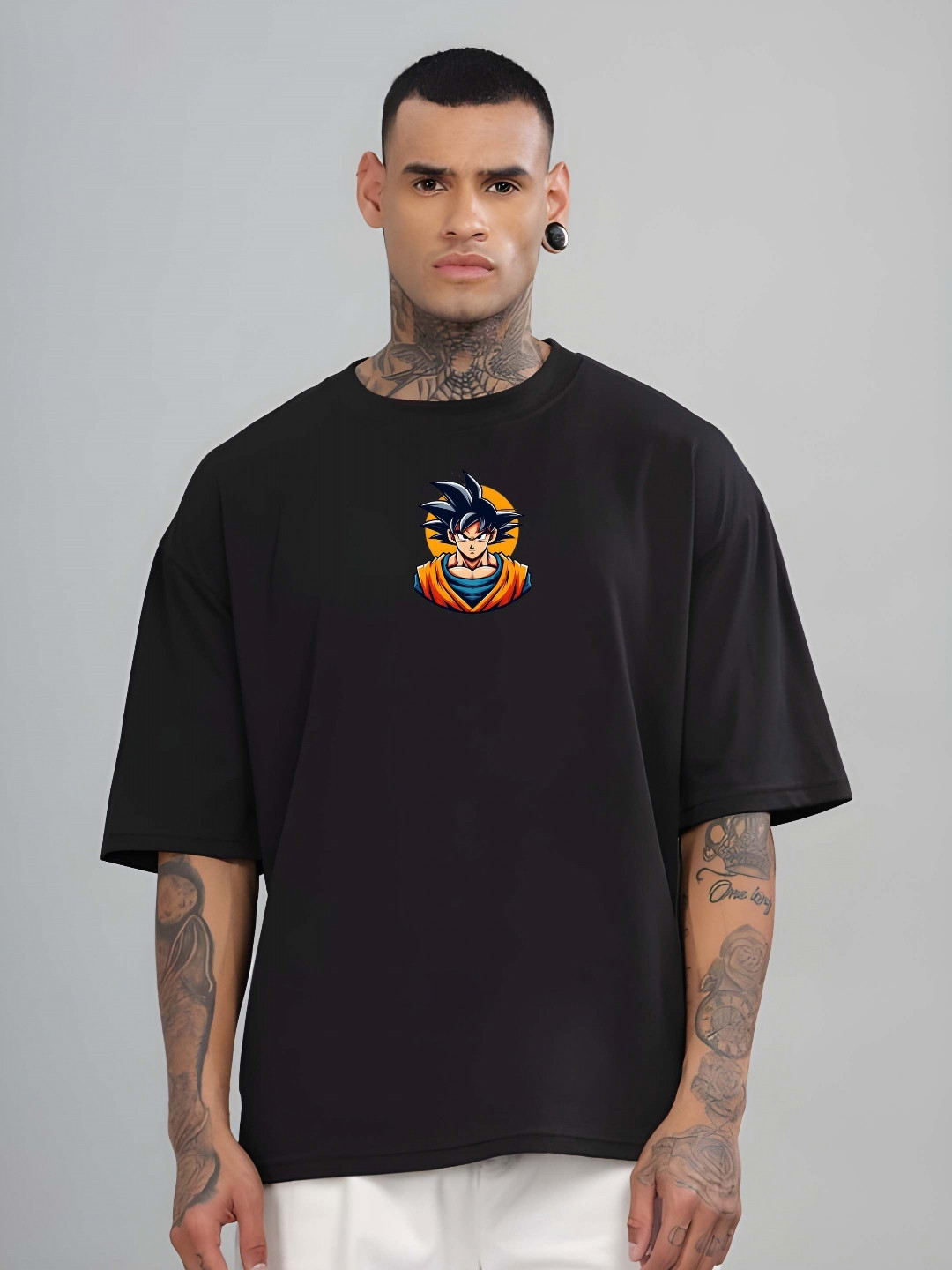 

Krimmple Men Dragon Ball Z Graphic Printed Round Neck Cotton Oversized T-shirt, Black
