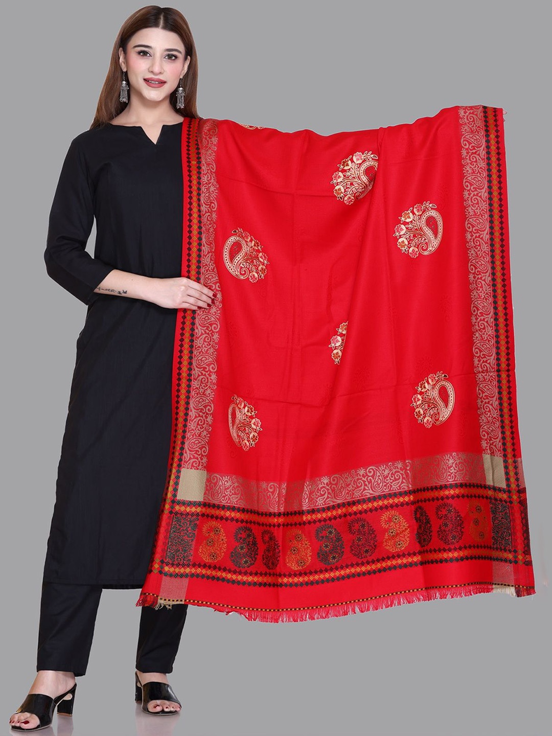 

Tones-N-Shades Ethnic Motifs Embroidered Woollen Shawl, Red