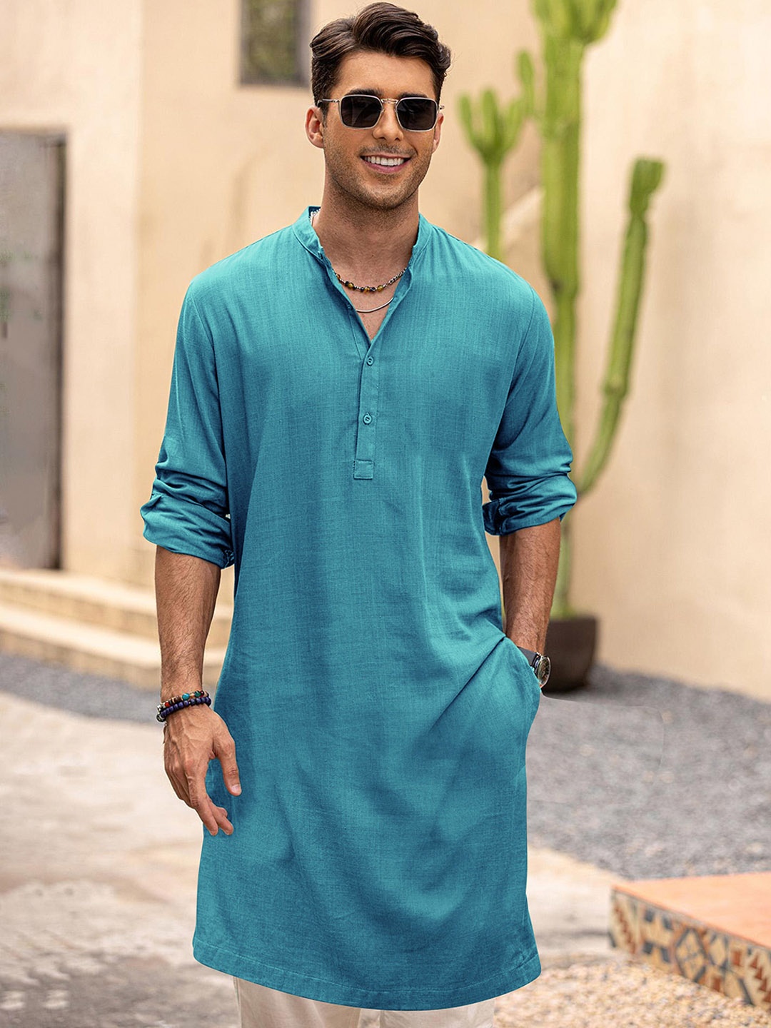 

Anouk Blue Mandarin Collar Roll-Up Sleeves Cotton Straight Kurta