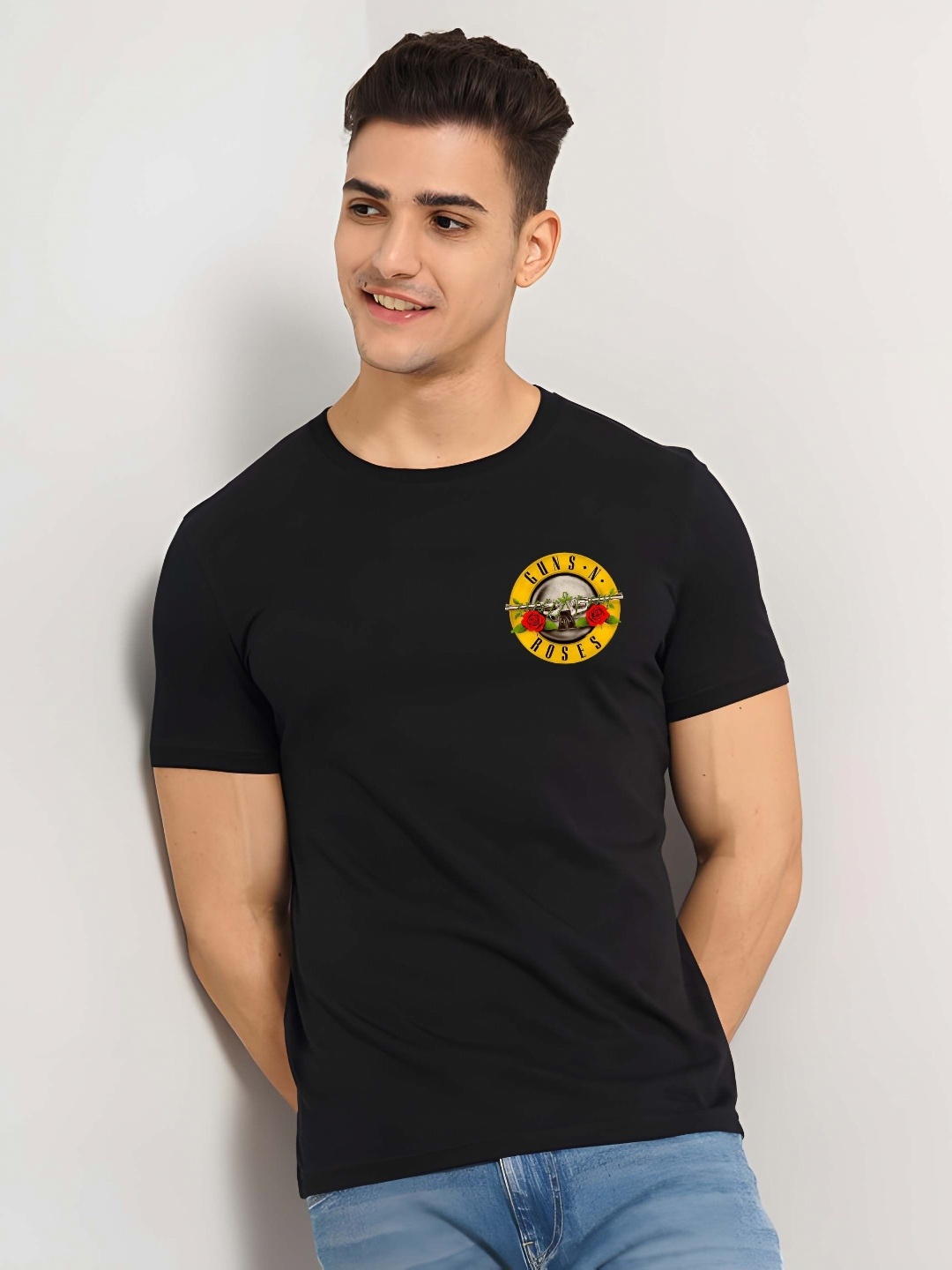 

Moda Rapido Men Floral Printed Round Neck Cotton Slim Fit T-shirt, Black
