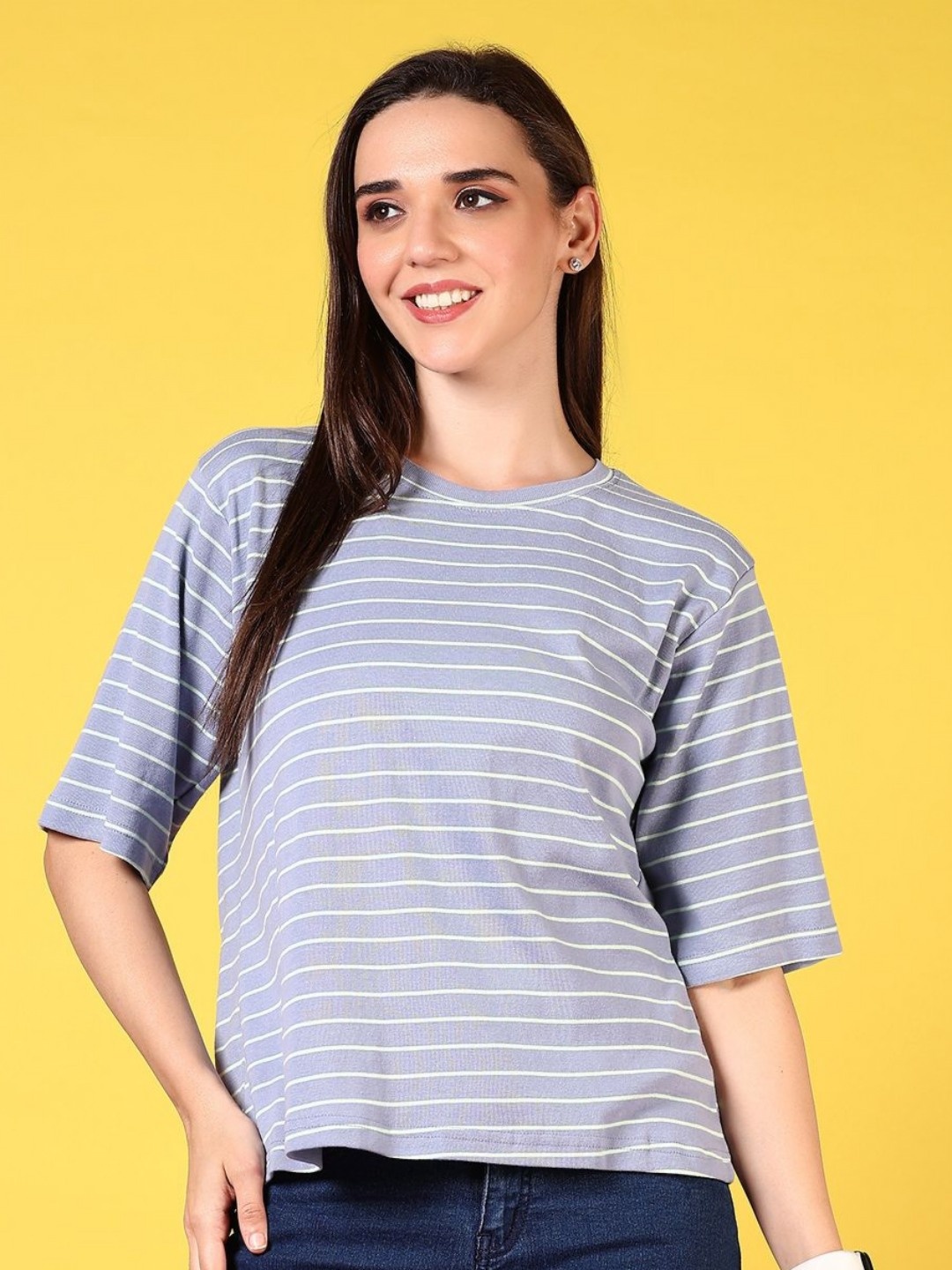 

V-Mart Women Striped Round Neck Cotton T-shirt, Grey