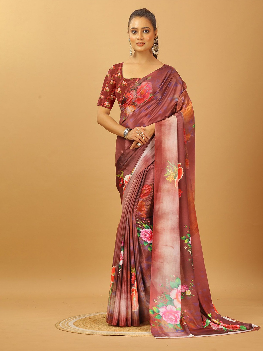 

NIRMAL CREATION Floral Pure Crepe Saree, Brown