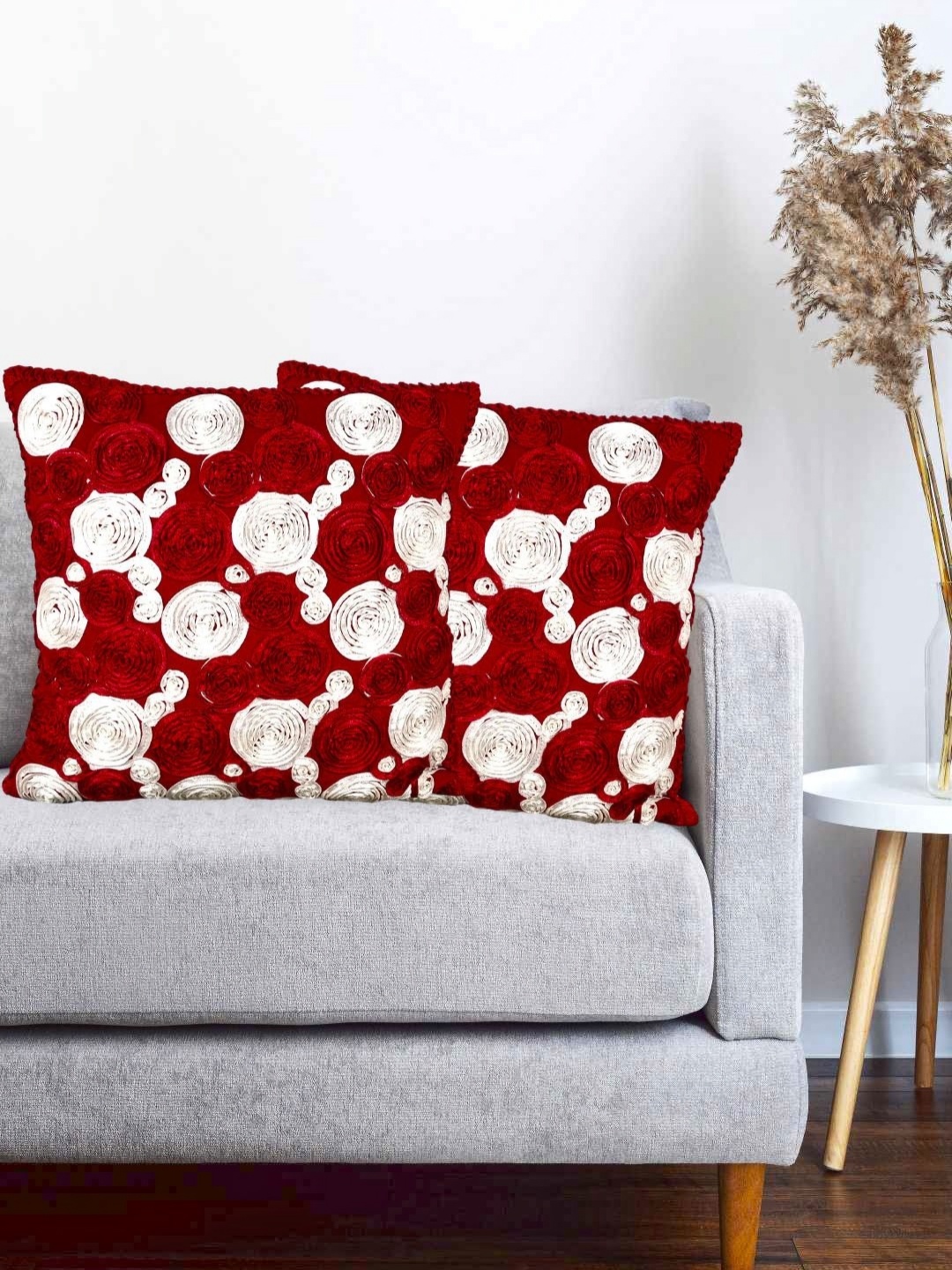 

Vinayaka Fab Red 2 Pieces Geometric Embroidered Silk Square Shaped Cushion Covers