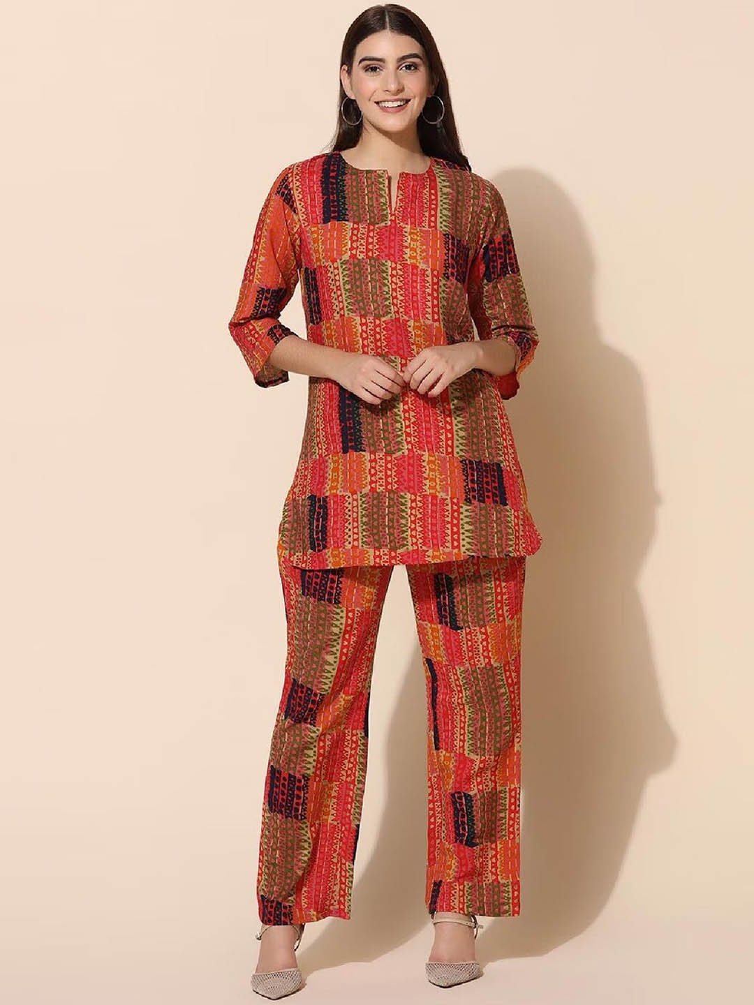 

Acriine Geometric Printed Pure Cotton Notch-Neck Tunic & Trouser, Red