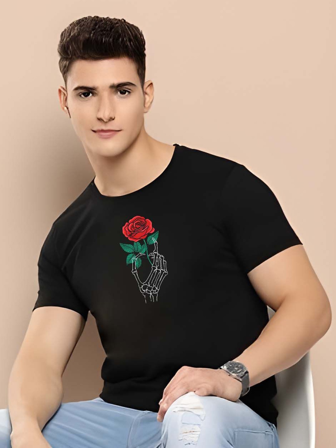 

Moda Rapido Men Floral Printed Round Neck Cotton Slim Fit T-shirt, Black