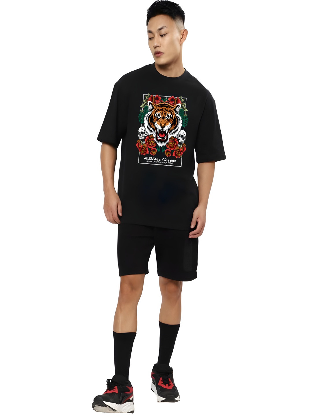 

Krimmple Men Graphic Printed Round Neck Pure Cotton Oversized T-shirt, Black