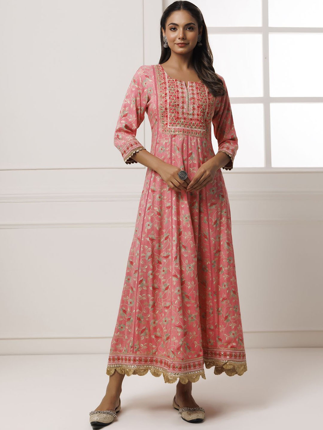 

Geroo Luxe Floral Embroidered Pure Cotton A-Line Maxi Ethnic Dress, Pink