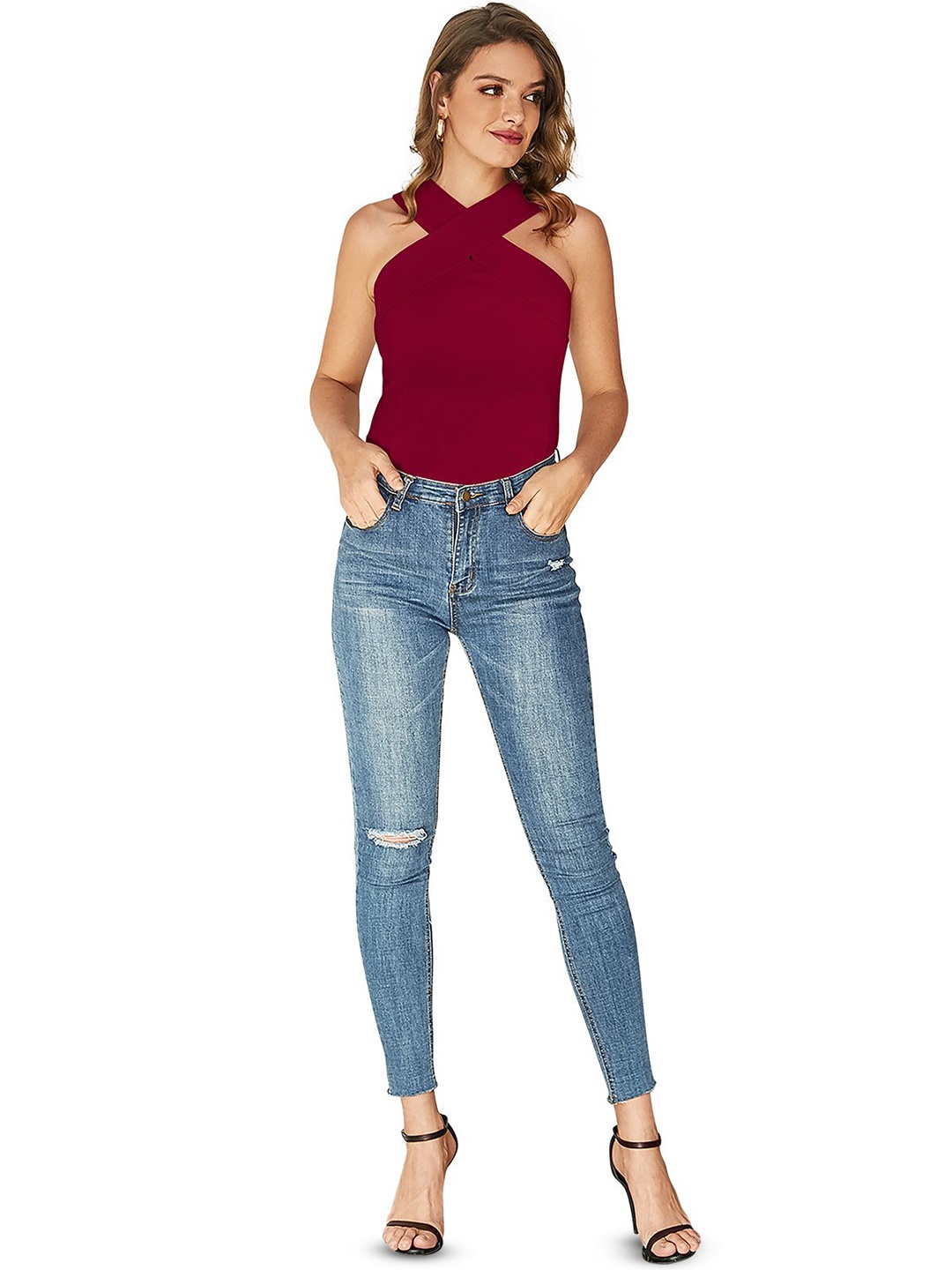 

S.K.C Women Halter Neck Top, Maroon