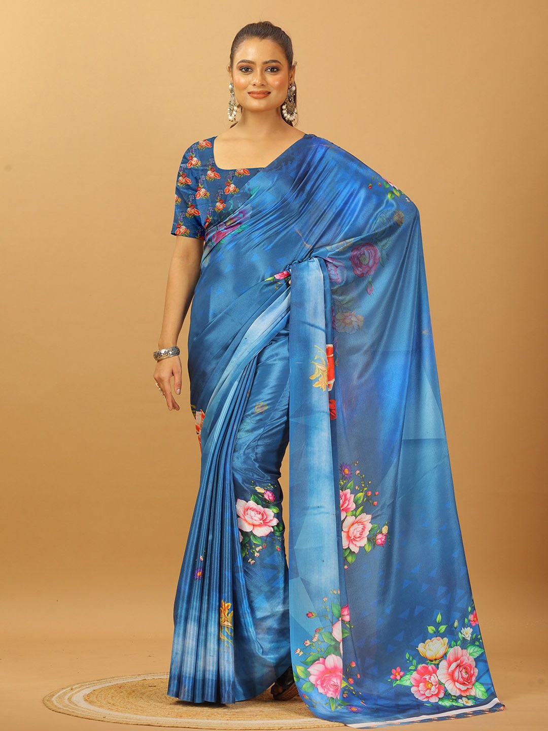 

NIRMAL CREATION Floral Printed Pure Crepe Saree, Blue