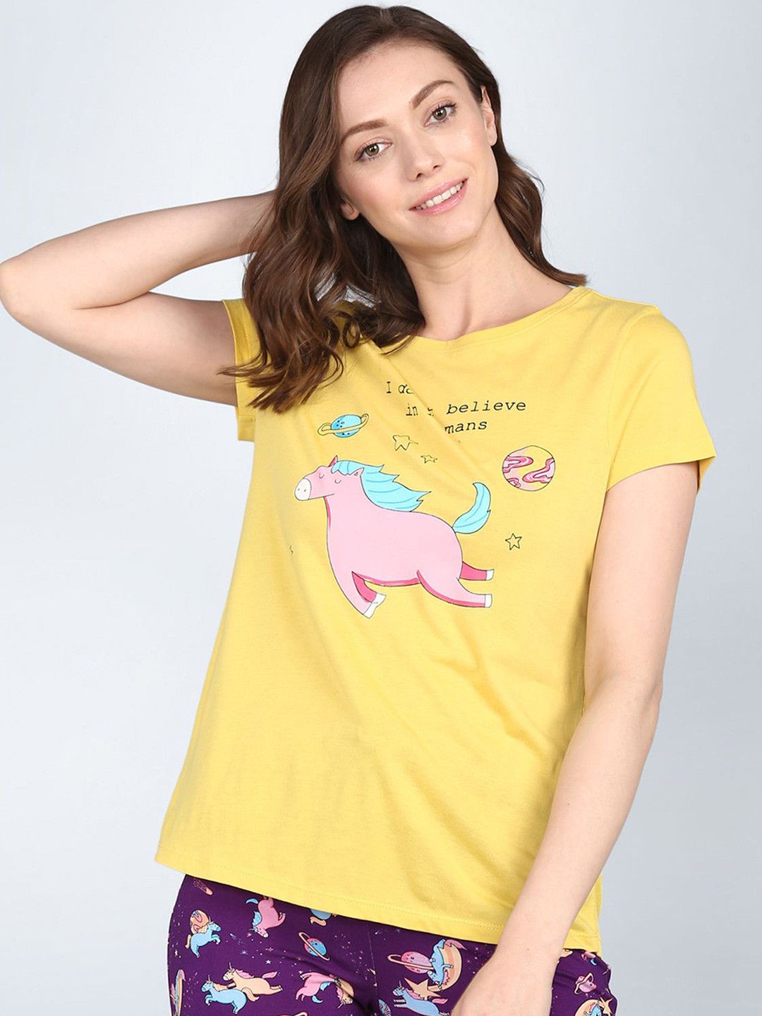 

necesera Women Printed Cotton Lounge Tshirts, Yellow