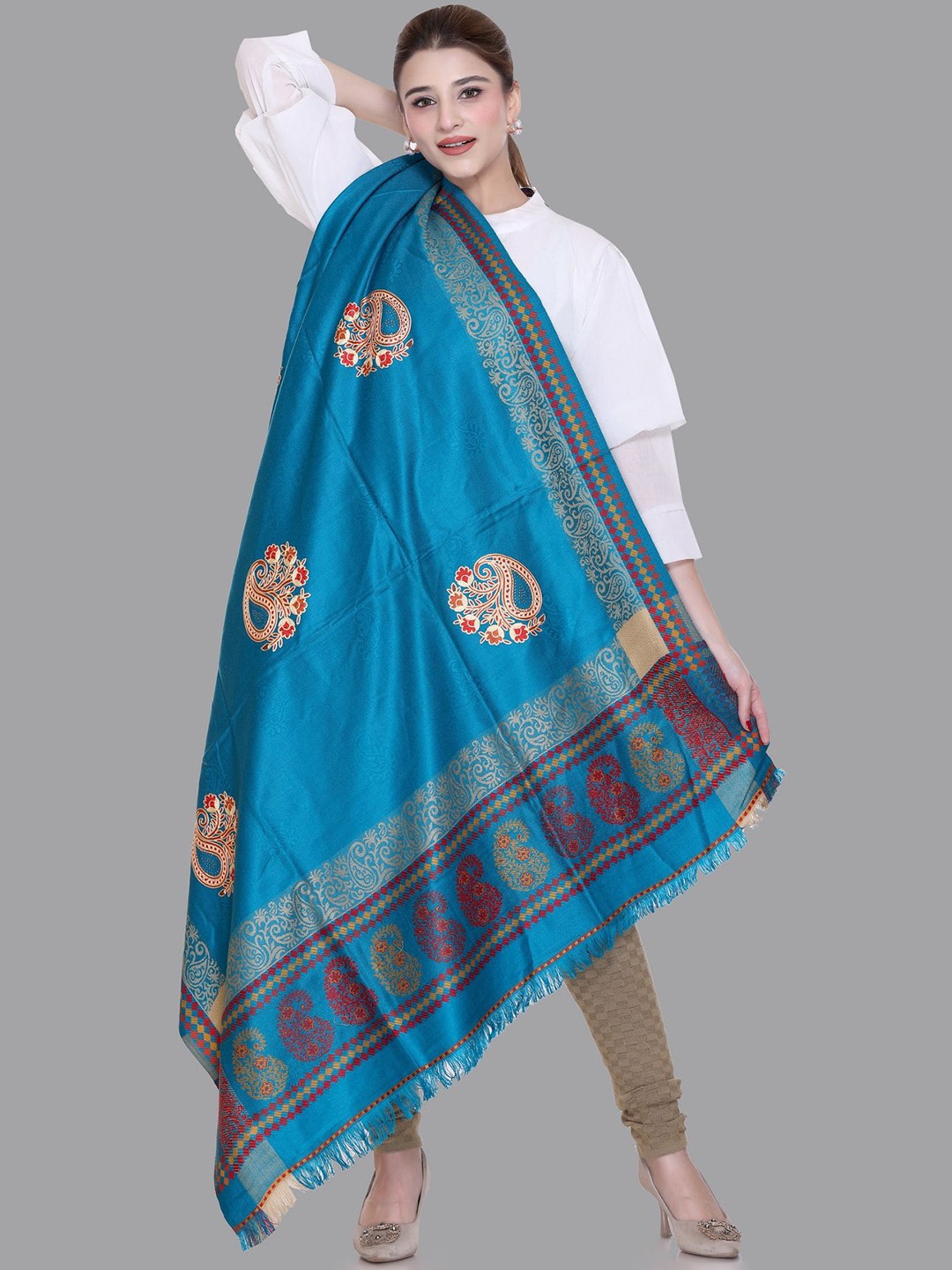 

Tones-N-Shades Ethnic Motifs Embroidered Shawl, Sea green