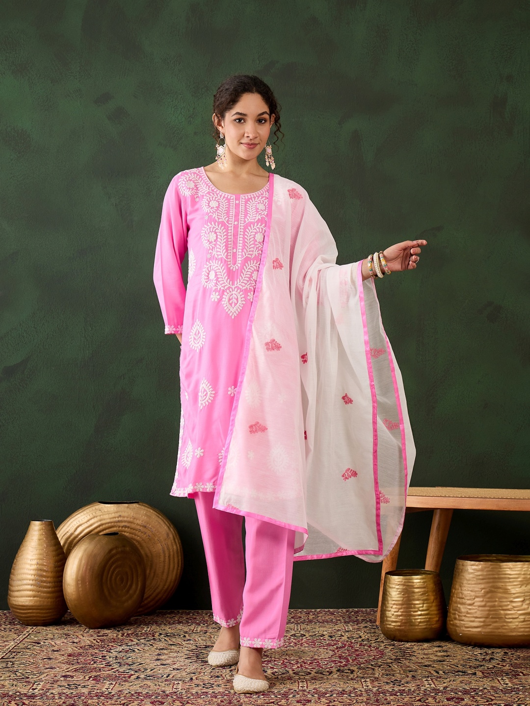 

Blissta Pink Floral Embroidered Round Neck Chikankari Kurta With Trousers & Dupatta