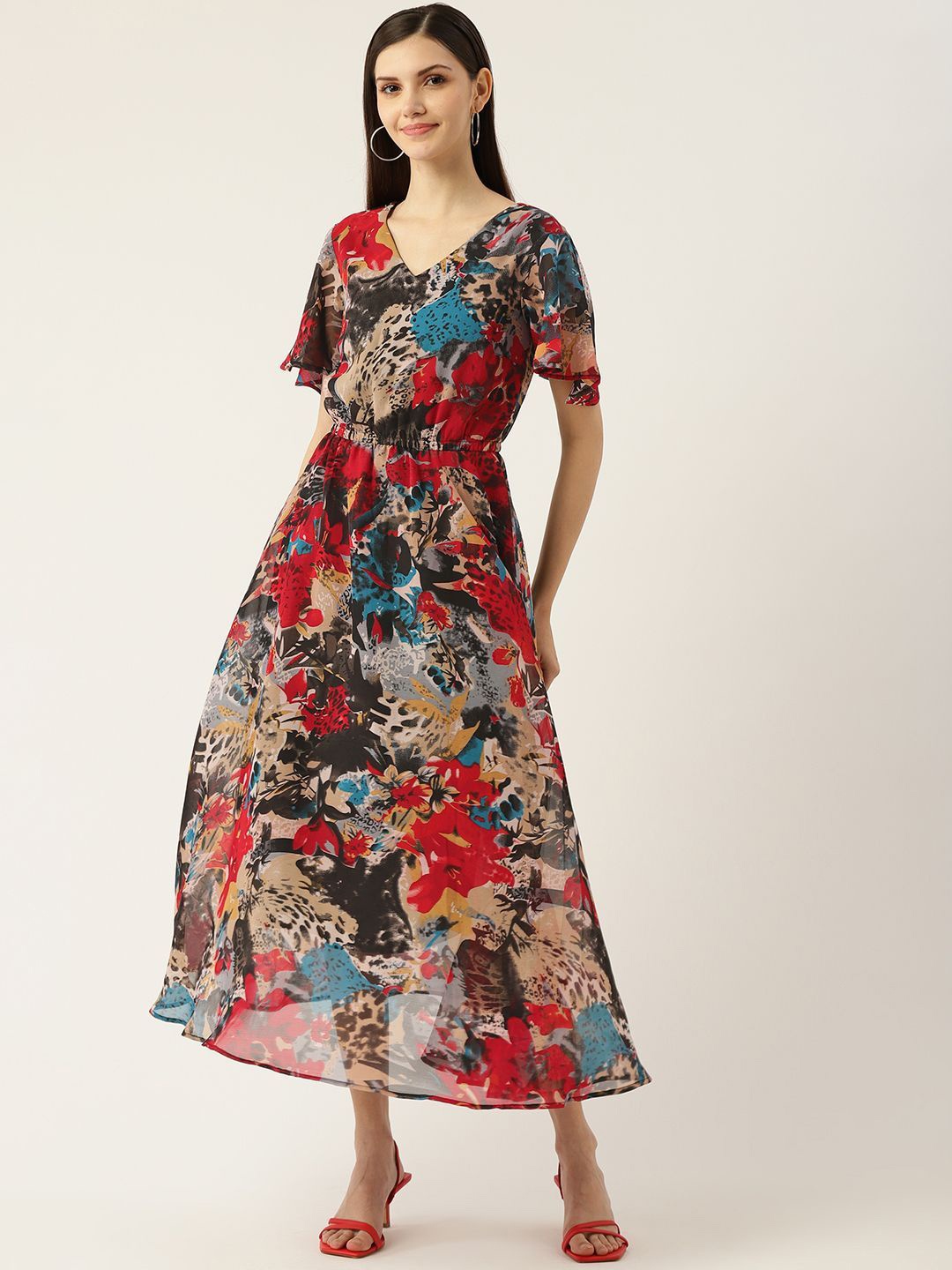 

DressBerry Floral Print Bell Sleeve Georgette Fit & Flare Maxi Dress, Black