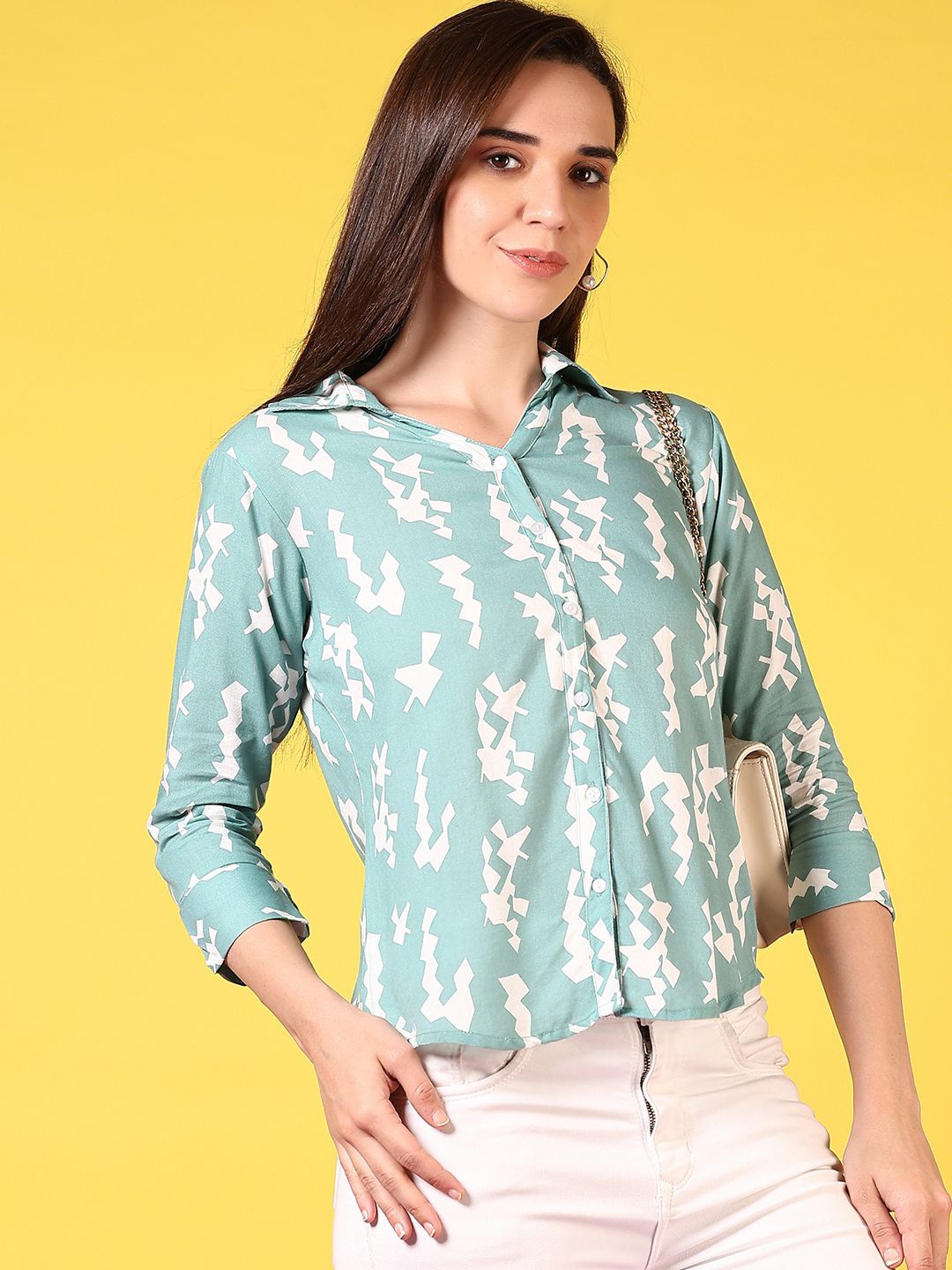 

V-Mart Women Spread Collar Abstract Printed Casual Shirt, Turquoise blue