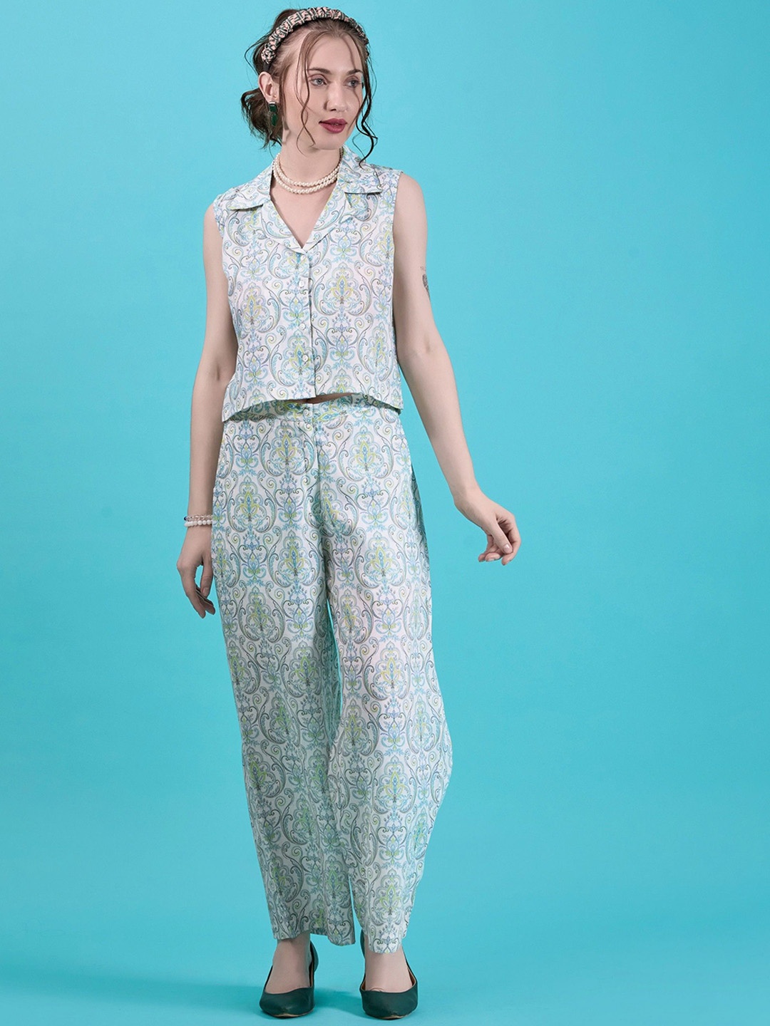 

Dressberry White Floral Printed Shirt Collar Linen Top With Trousers, Turquoise blue