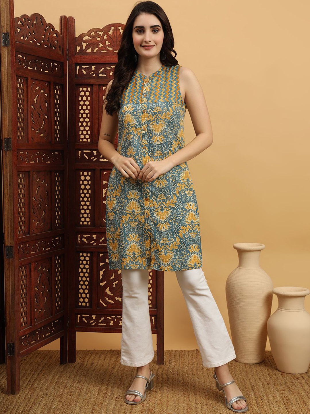 

Anouk Rustic Women Ethnic Motifs Printed Summer Sheers Kurta, Blue