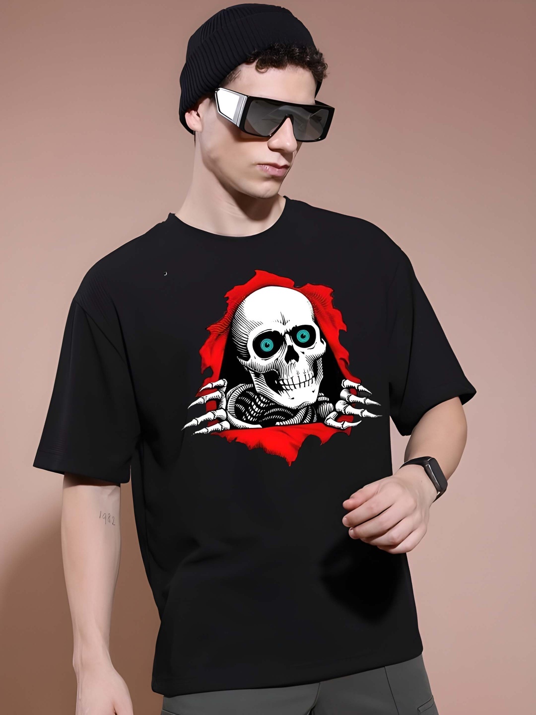 

Krimmple Men Graphic Printed Round Neck Cotton Oversized T-shirt, Black