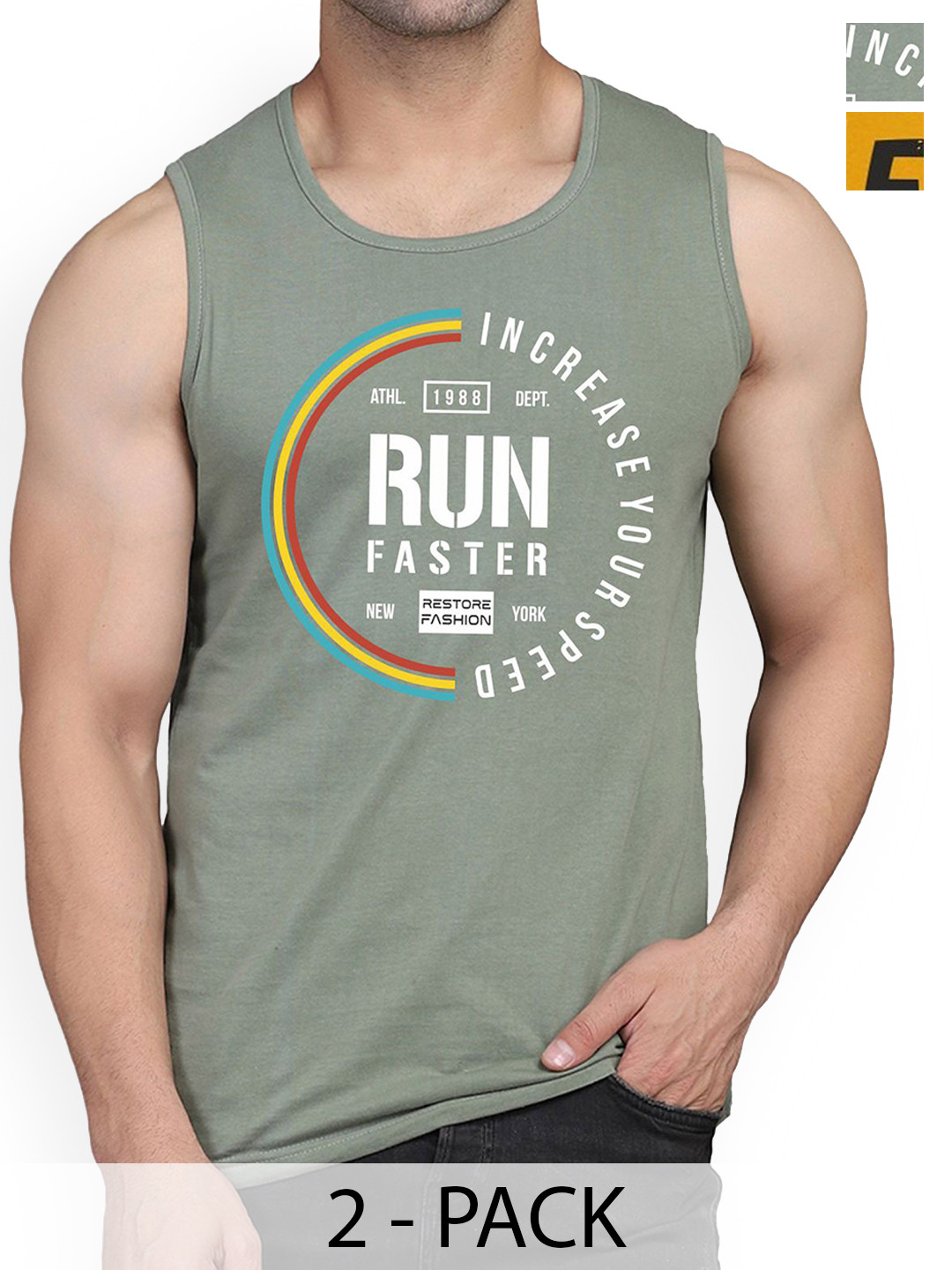 

WOOSTRO Pack Of 2 Printed Combed Cotton Gym Vest RS26 CMB (MORE MUSTARD) (RUN LGTGREEN)