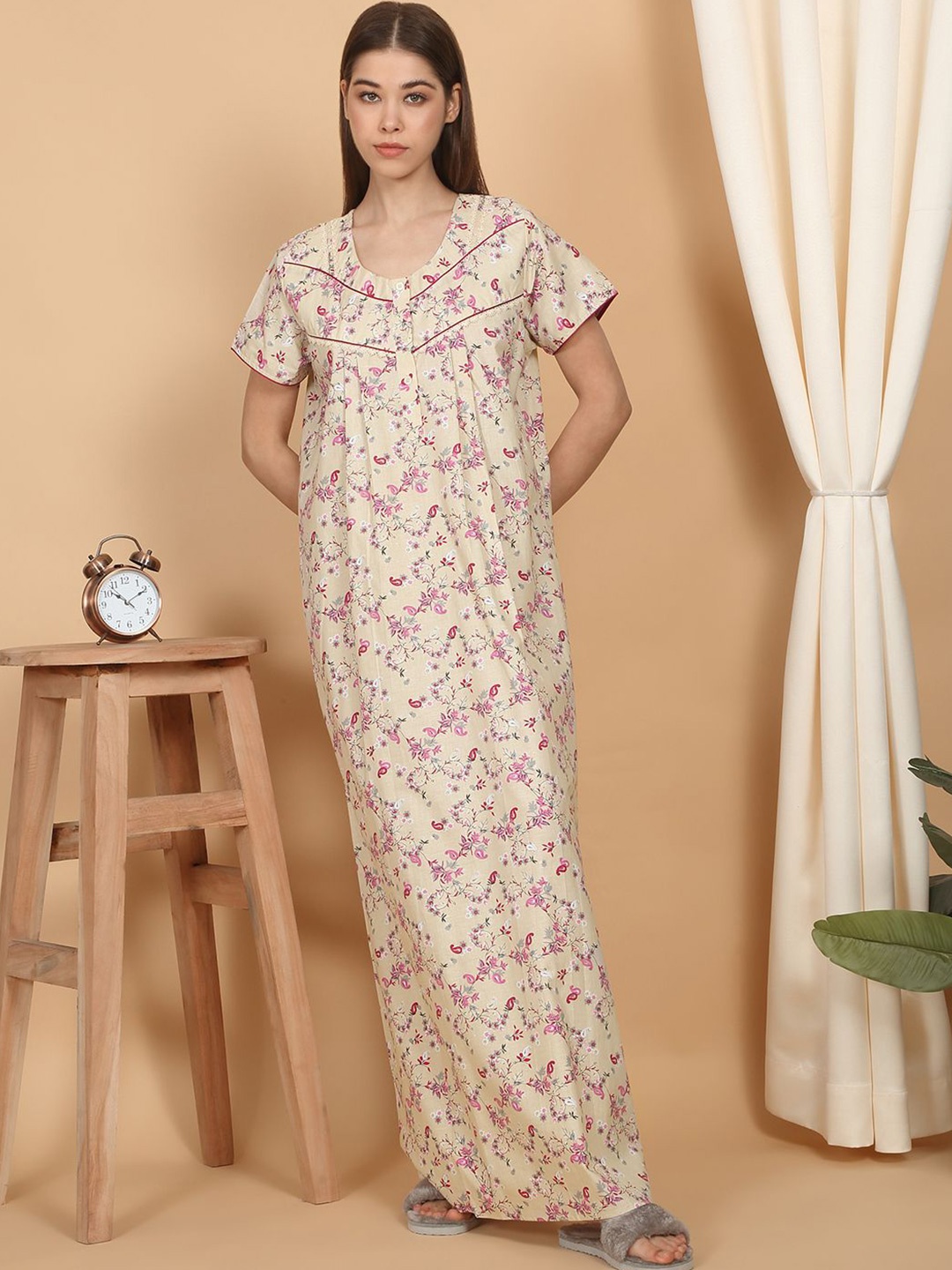 

SAANJ Women Printed Maxi Pure Cotton Nightdress, Beige