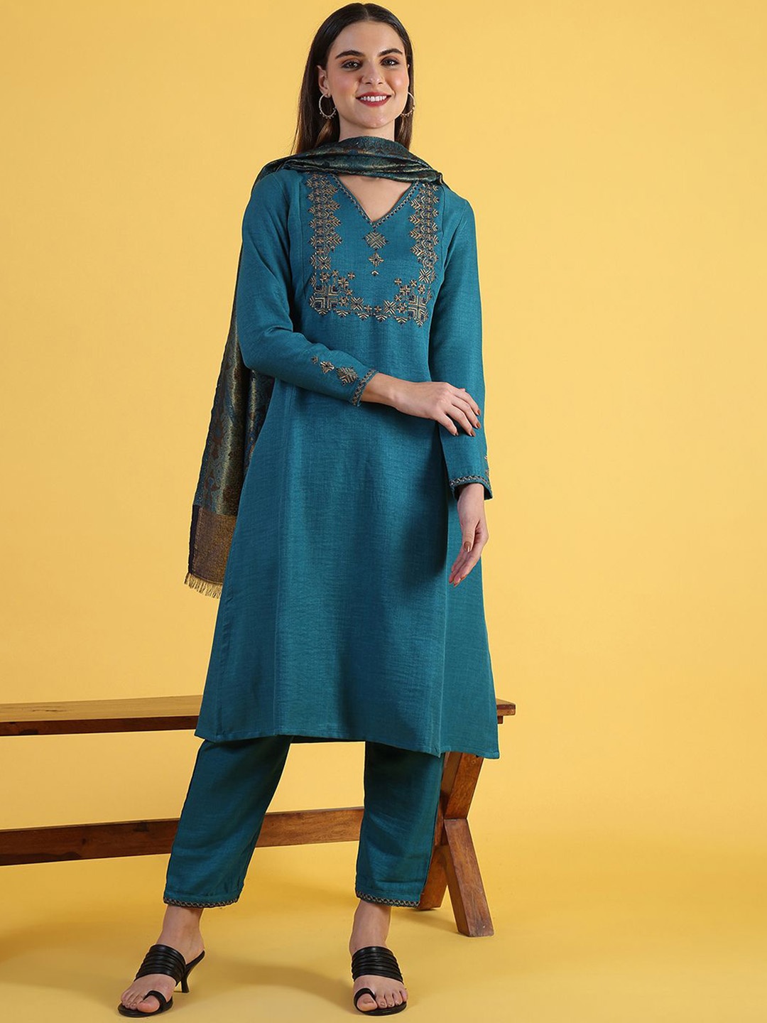 

W Blue Floral Embroidered V-Neck A-Line Kurta With Trousers And Dupatta