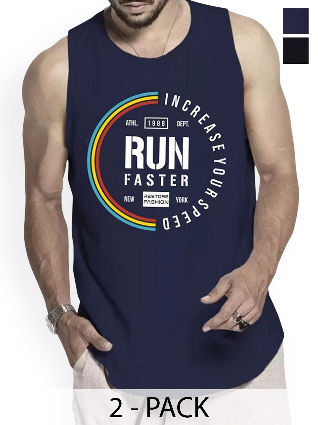 

WOOSTRO Pack Of 2 Printed Combed Cotton Gym Vest RS26 CMB (MORE BLACK) (RUN NAVY)