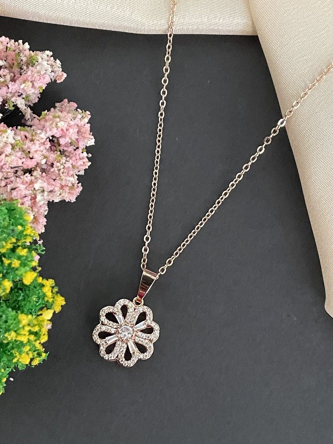 

Digital Dress Room Rose Gold-Plated Artificial Stones Studed Floral Pendants with Chains