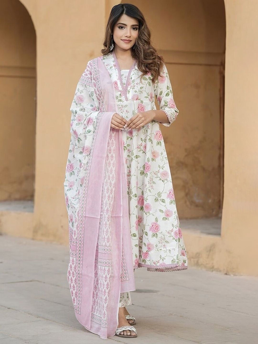 

KALINI Floral Printed V-Neck Pure Cotton Anarkali Kurta With Trousers And Dupatta, Pink
