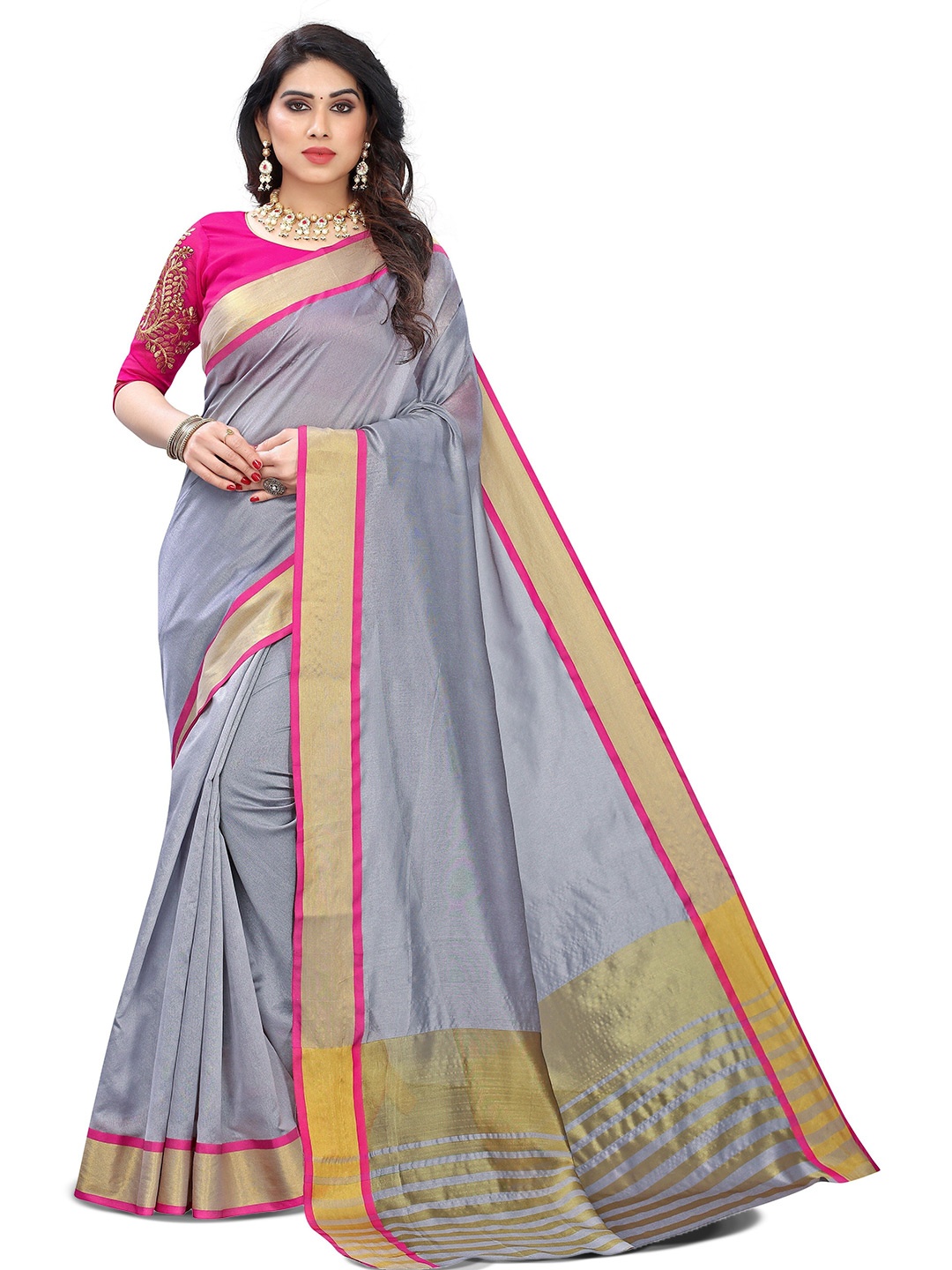 

bansari textiles Zari Pure Cotton Patola Saree, Grey