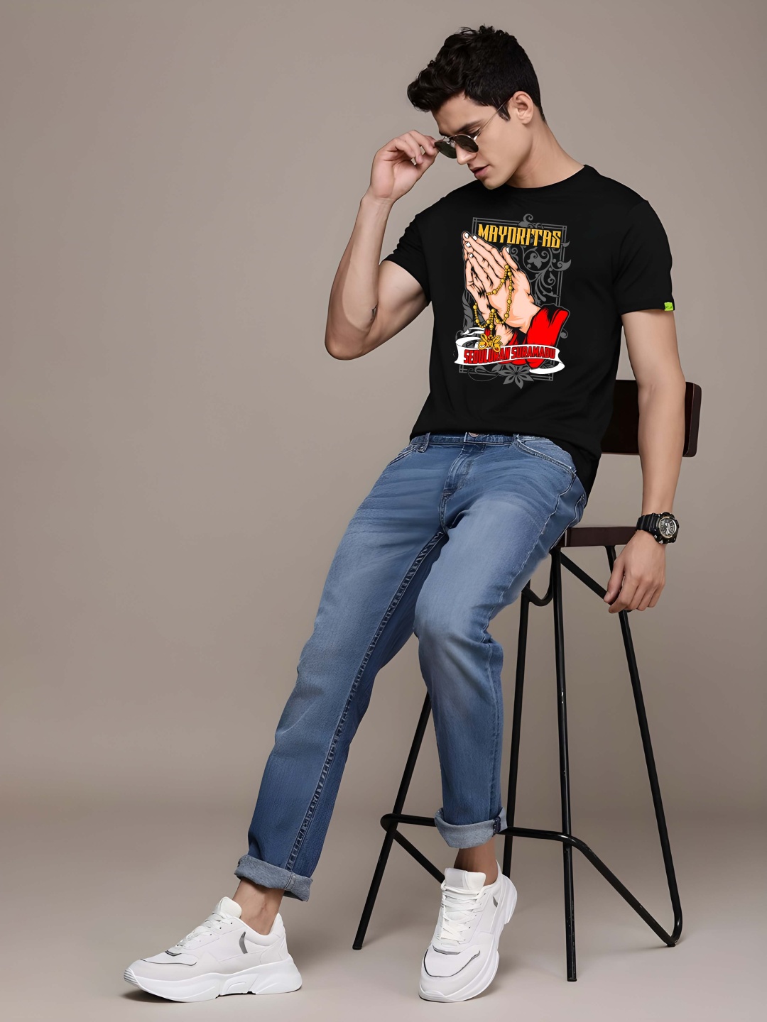 

Krimmple Men Graphic Printed Round Neck Cotton T-shirt, Black