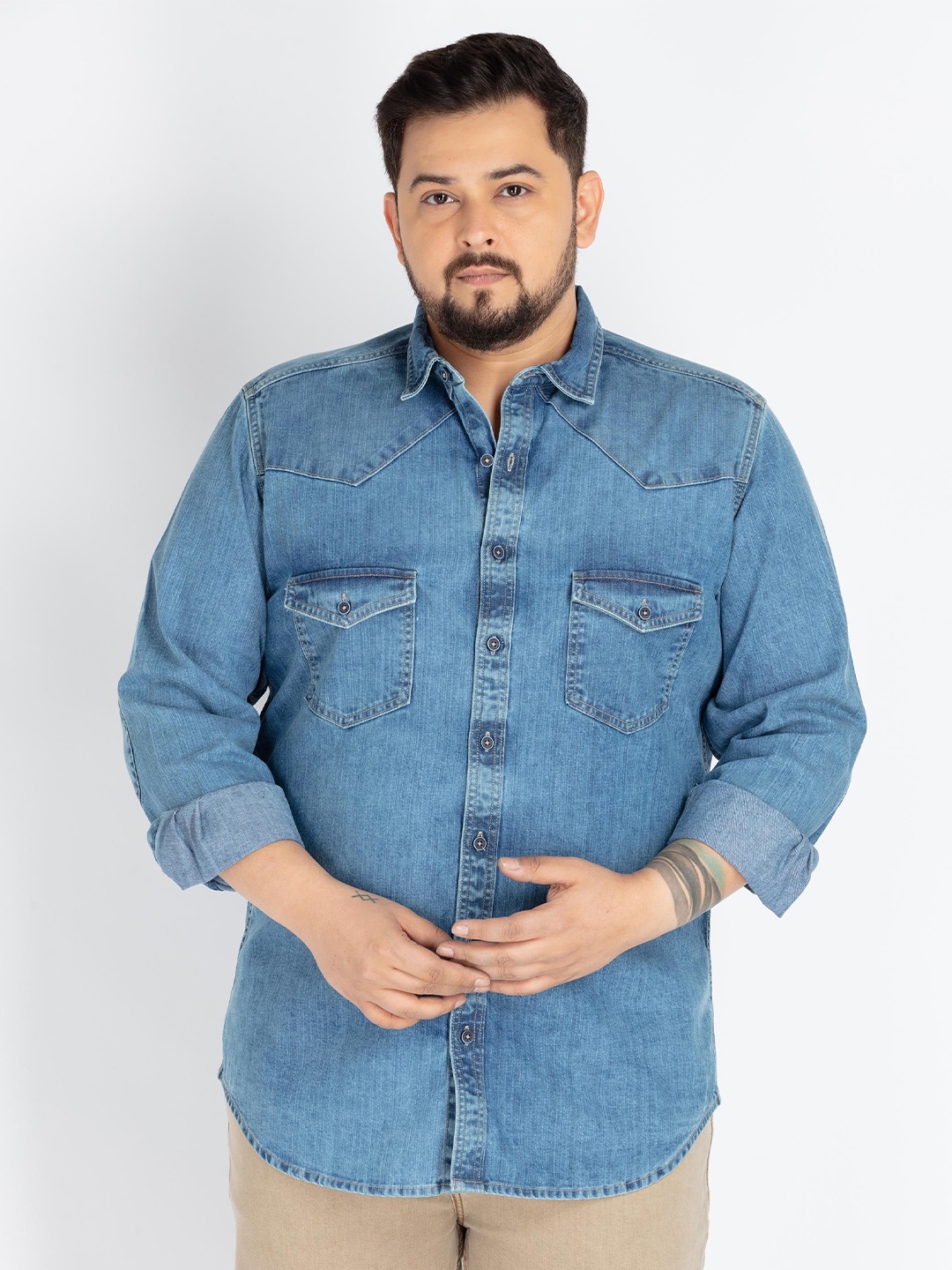 

UNSIZED Men Plus Size Comfort Oversized Fit Spread Collar Solid Cotton Casual Shirt, Blue