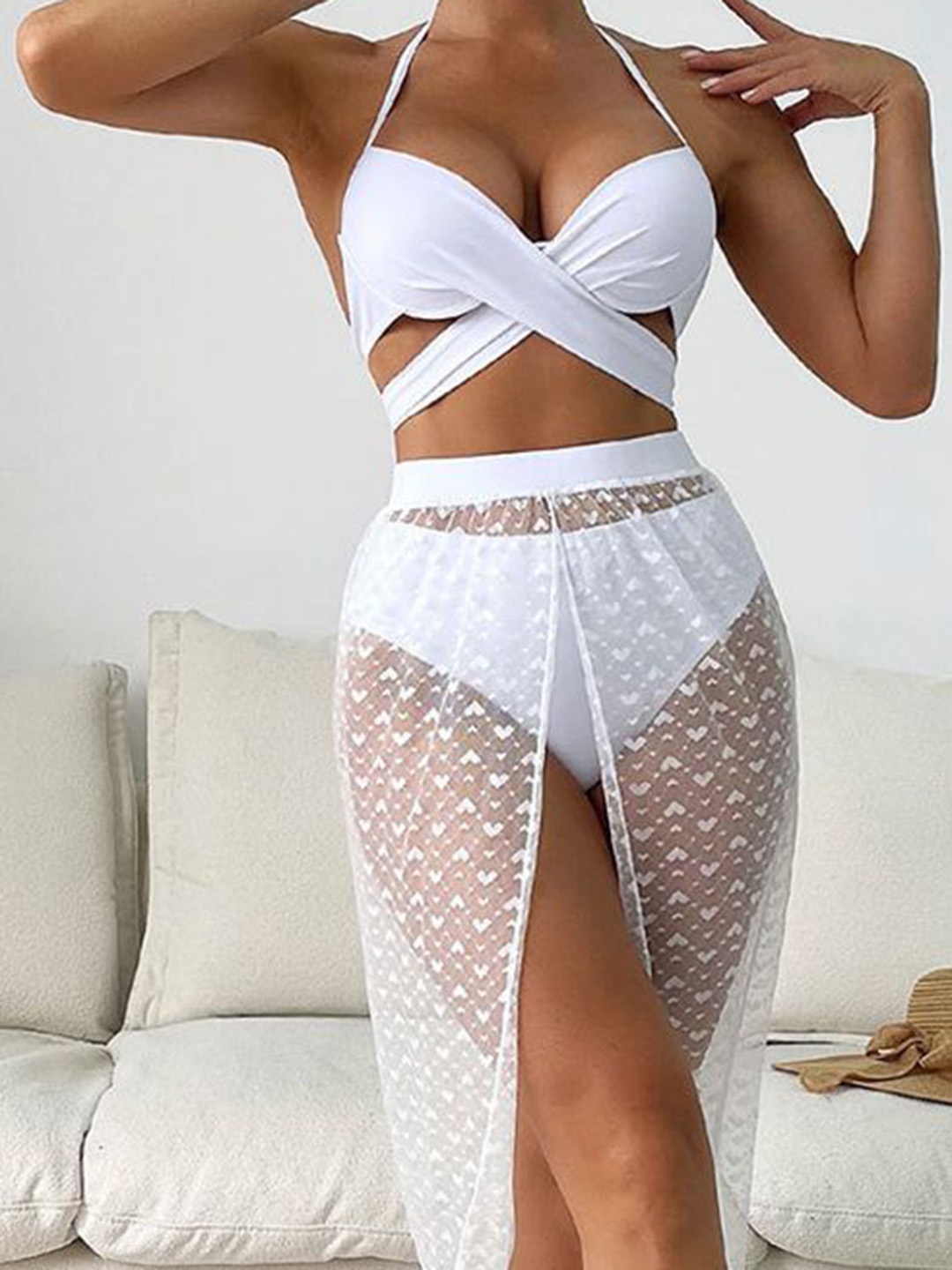 

Plus Curvves Women Halter Neck Bikini Set With Beach Skirt, White