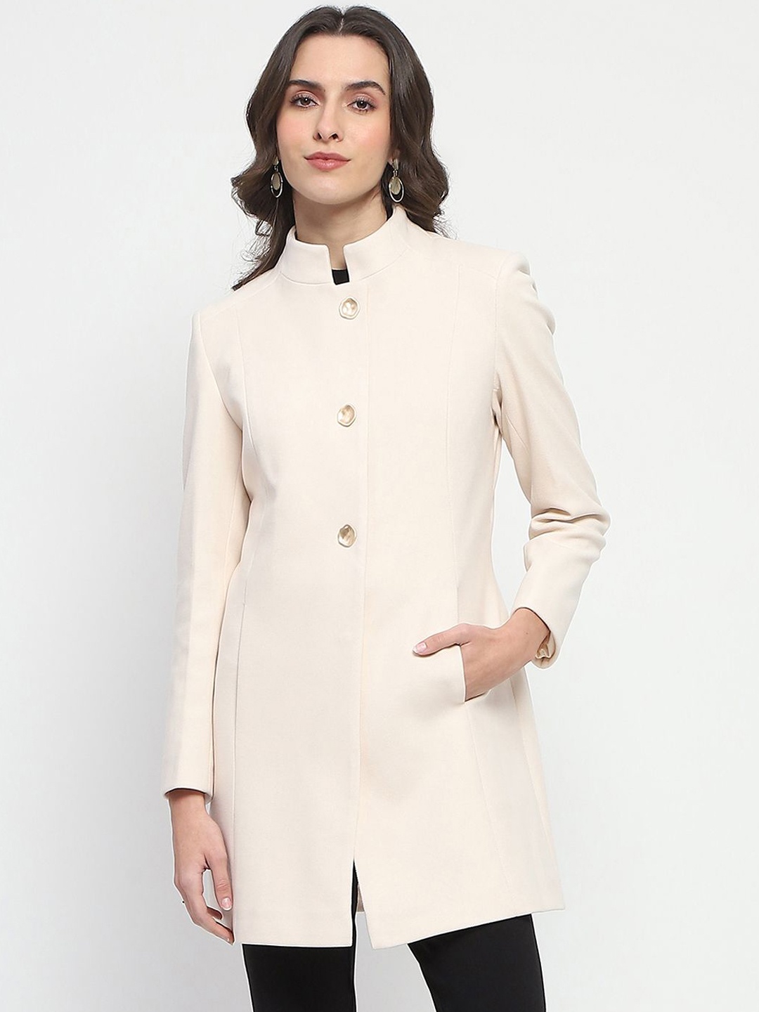 

Madame Women Mandarin Collar Single-Breasted Longline Overcoat, Off white