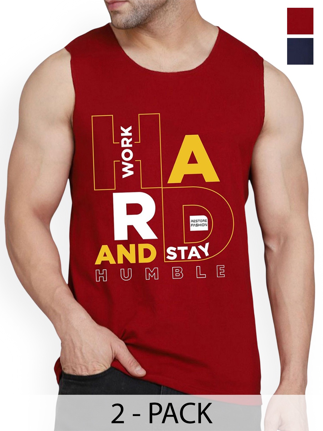 

WOOSTRO Pack Of 2 Printed Combed Cotton Gym Vest RS26 CMB (HARD MAROON) (MORE NAVY)