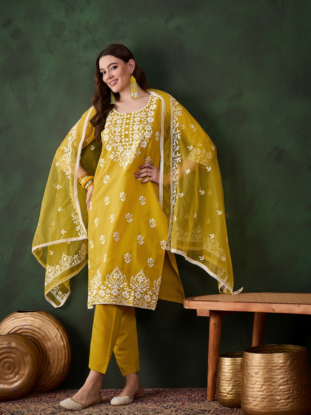 

Blissta Mustard Floral Embroidered Round Neck Chikankari Kurta With Trousers & Dupatta