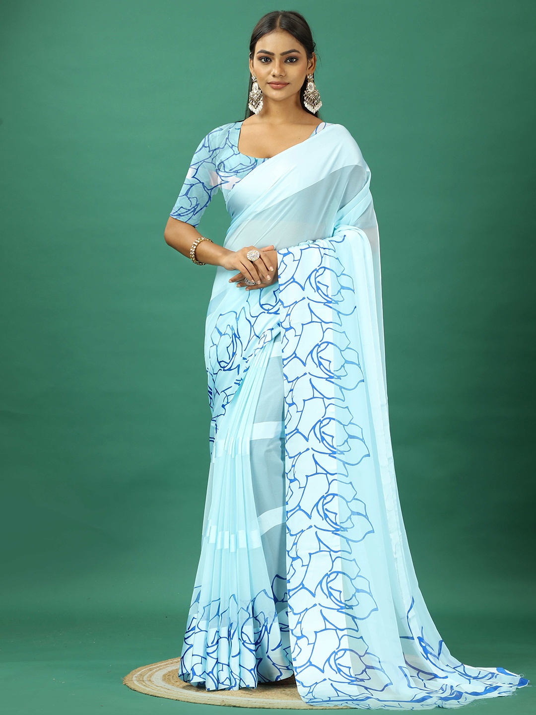 

NIRMAL CREATION Floral Printed Border Satin Saree, Blue
