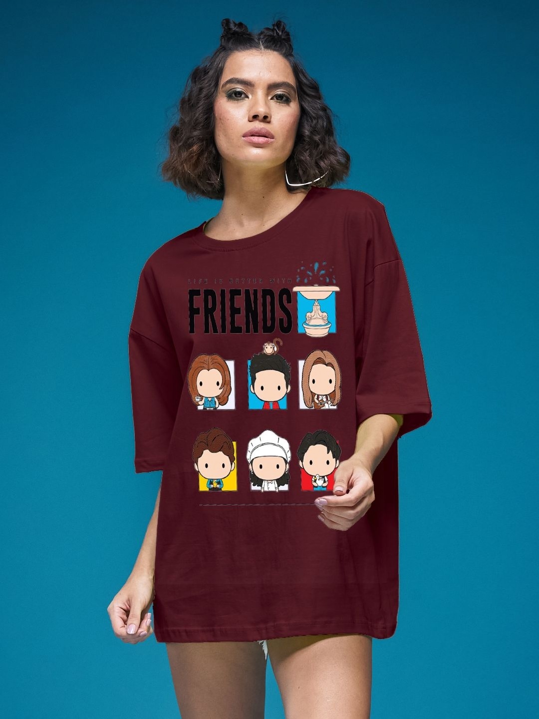

SMARTEES Women Graphic Printed Round Neck Cotton Oversized T-shirt, Maroon