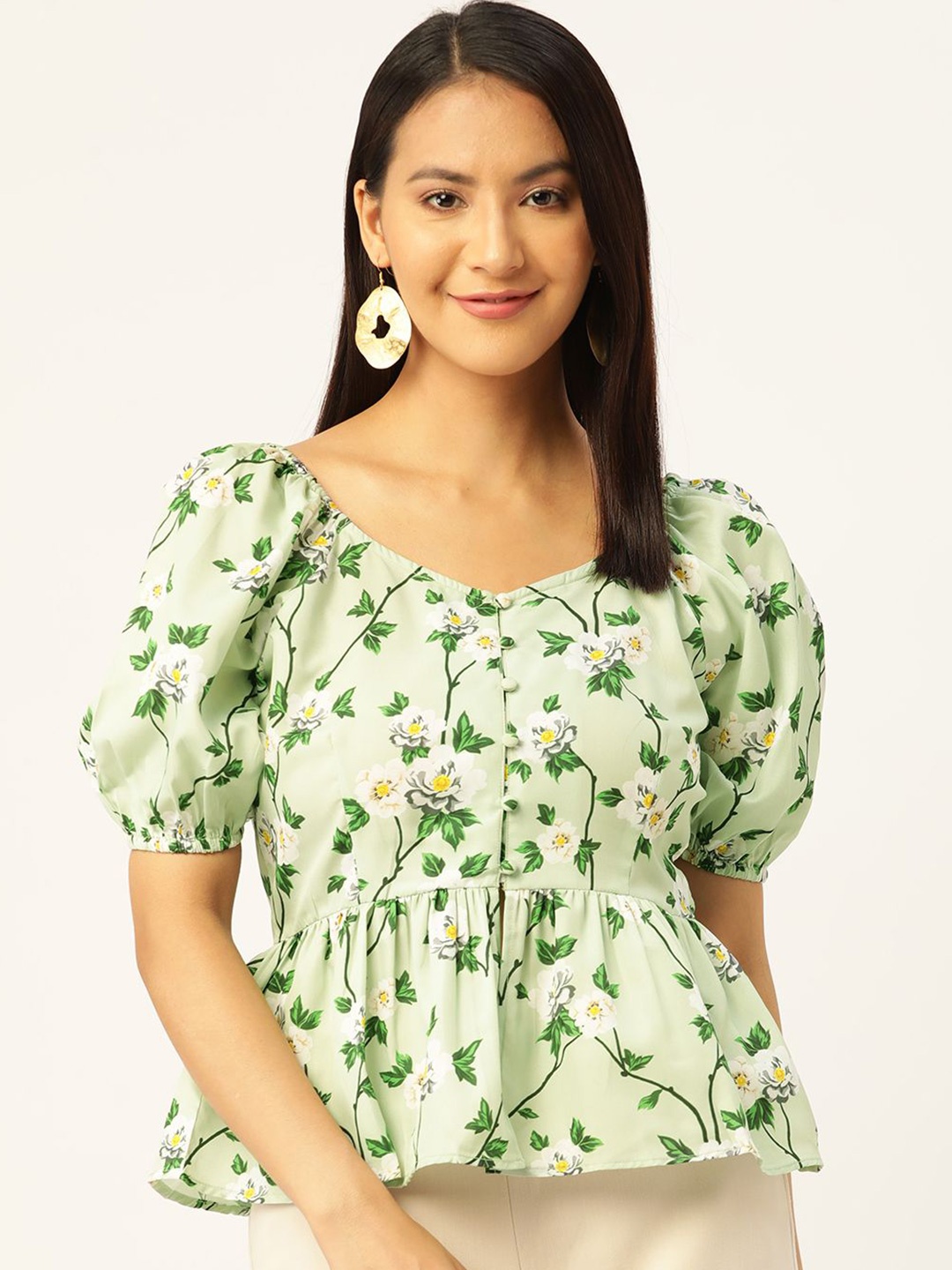 

Moda Rapido Women Floral Printed Sweetheart Neck Peplum Top, Green