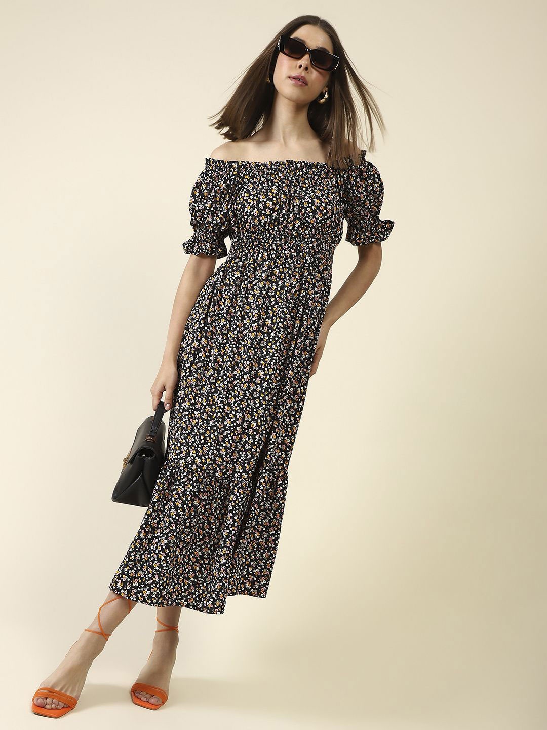 

StyleCast X SERA Floral Print Off-Shoulder Puff Sleeve Crepe Fit & Flare Midi Dress, Black